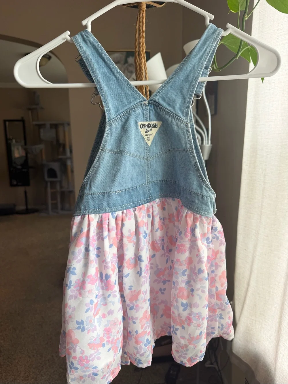 OshKosh B'gosh Light Denim Top with Pink & Blue Floral Skirt Overall Dress
